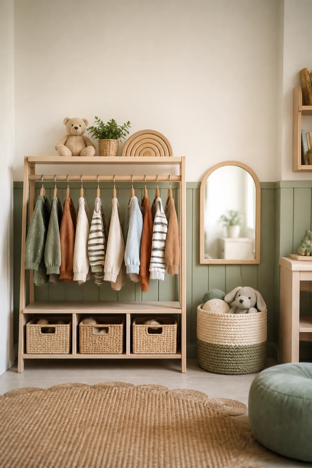 A garment rack and shelf sit beside a low mirror and a laundry basket in a playroom dress-up corner.