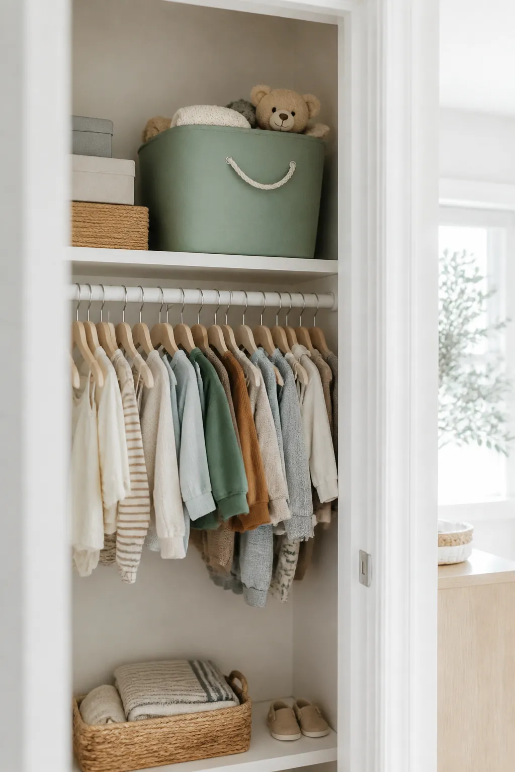 A labeled storage bin marked with a size range sits on a closet top shelf above hanging clothes.