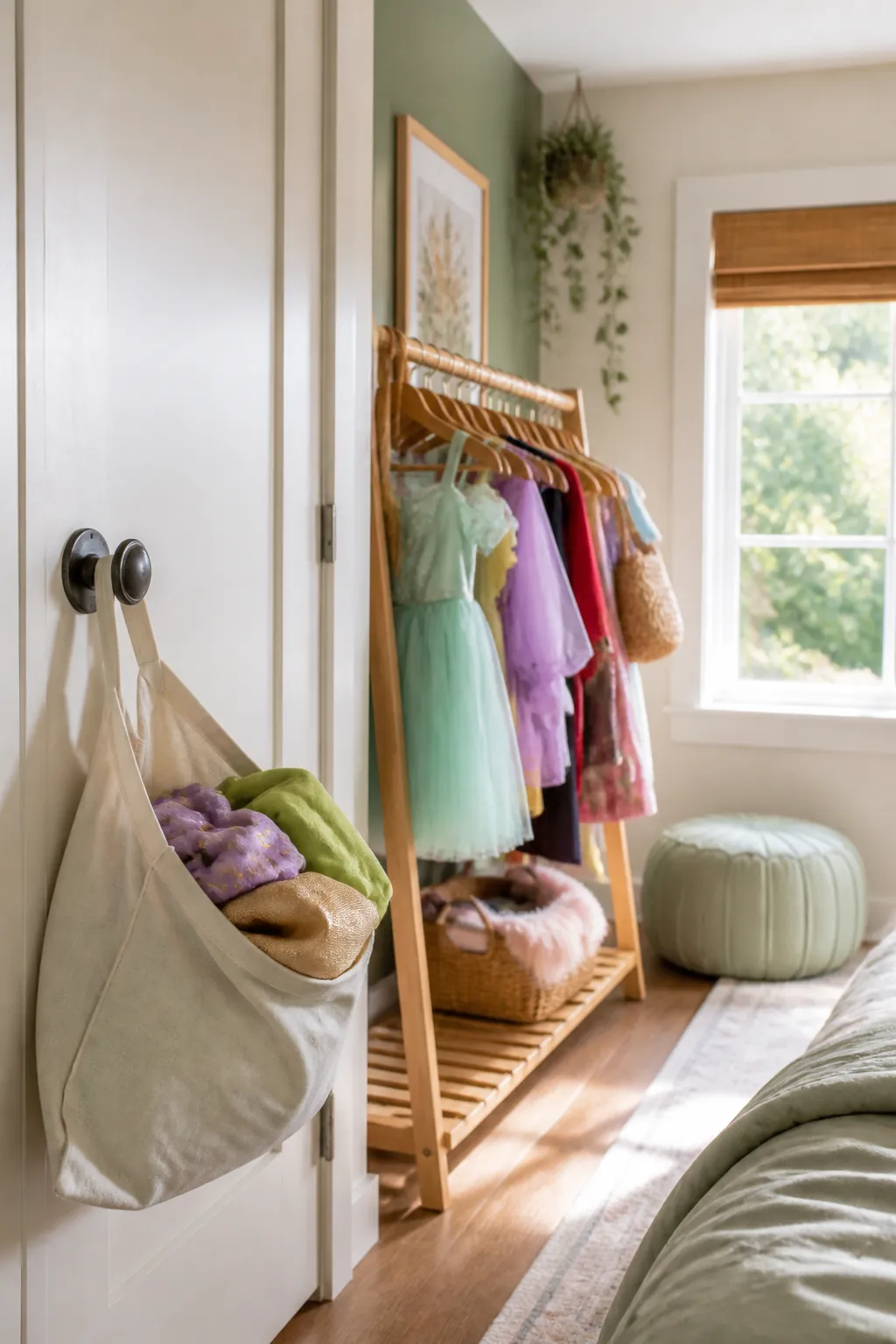 A cloth donate bag hangs on a closet door, half filled with folded costumes, beside a full costume rack.