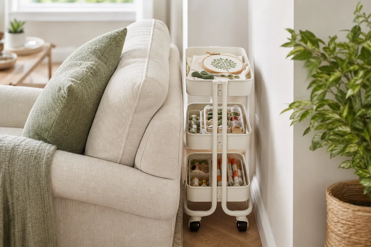 Three-tier rolling craft cart tucked beside a cream sofa arm, one of the best craft storage ideas for small spaces in a living room