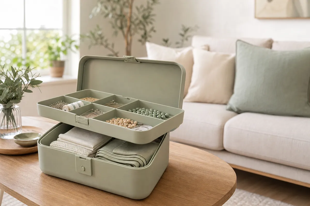 Open craft organizer box with removable tray on a coffee table, compartments holding beads, clips and needles for project kits