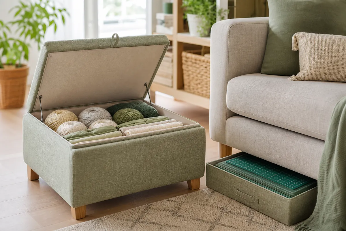 Linen storage ottoman open to reveal yarn and fabric, with a flat bin sliding under the sofa for small-space craft storage