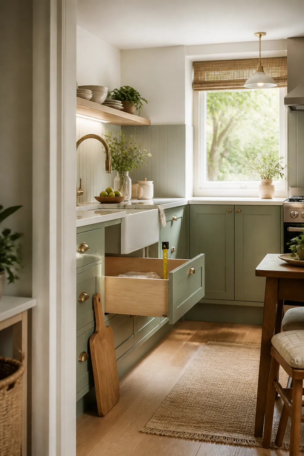 A tape measure spans the inside height of an open kitchen drawer beside a cutting board standing on its edge.