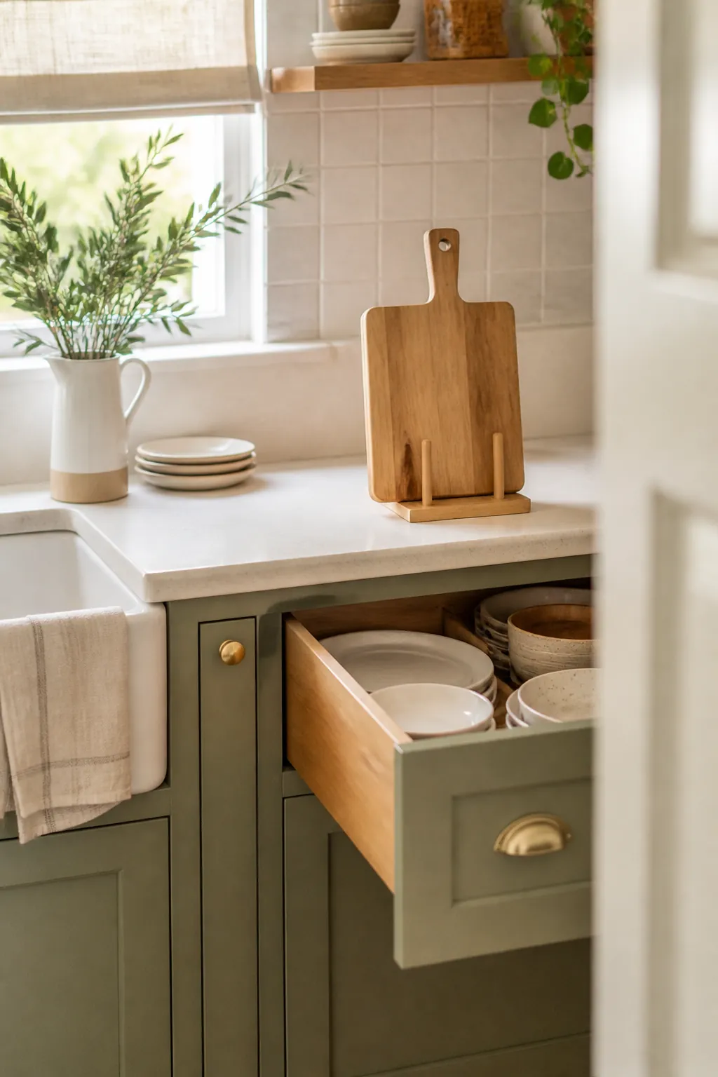 A wood cutting board stands upright on a drying rack on the counter, beside an open empty kitchen drawer.