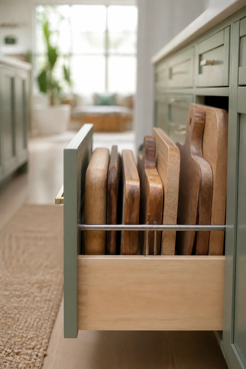 Several wood cutting boards stand upright side by side in a deep open kitchen drawer, like records in a crate.