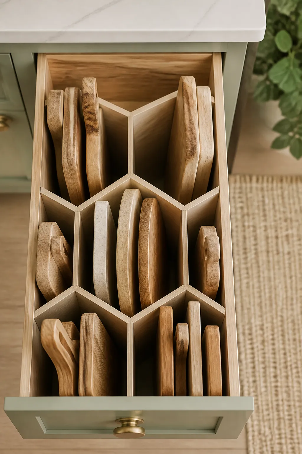 A honeycomb drawer divider holds a rectangular cutting board and a round board upright in separate adjoining cells.