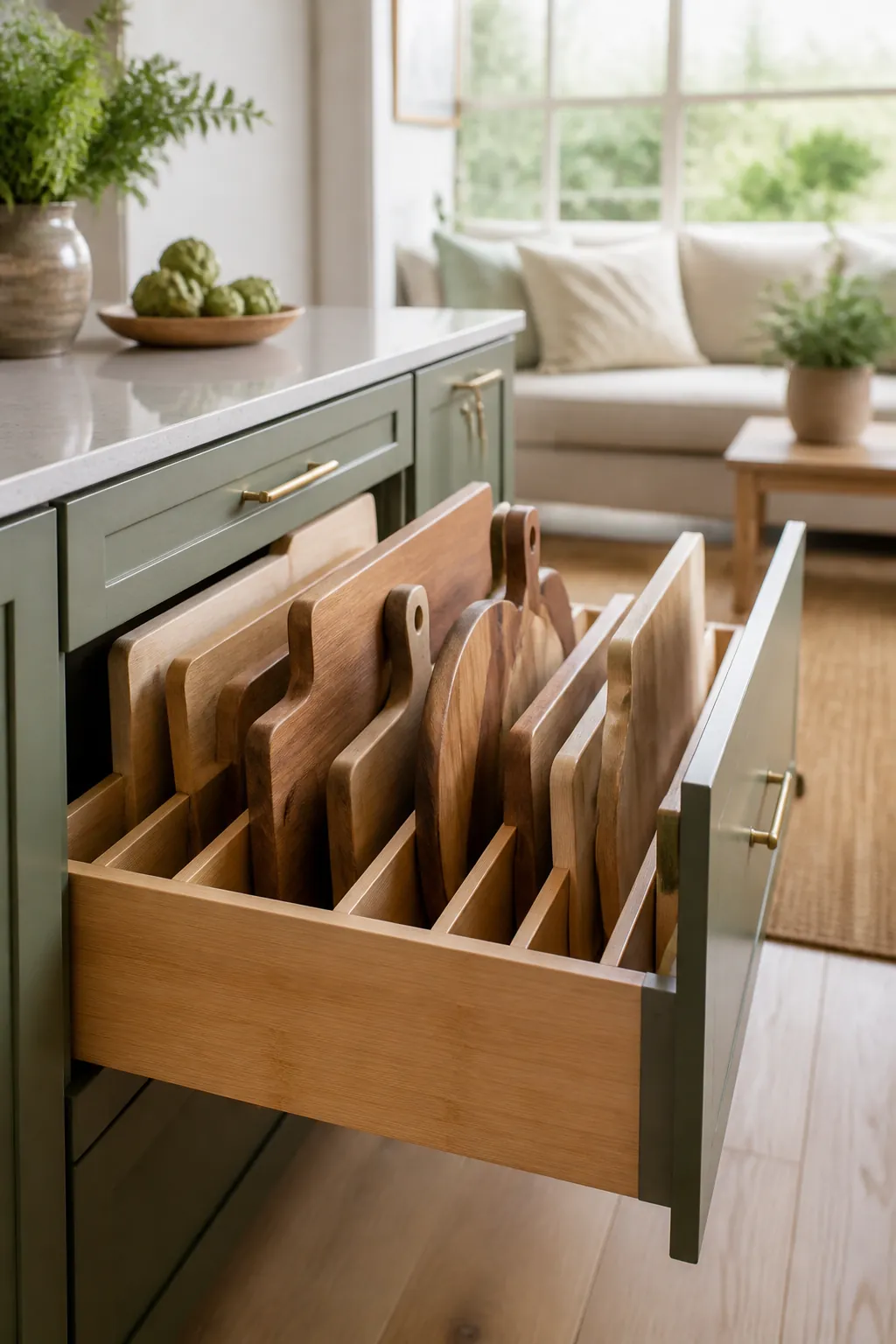 Full-depth bamboo dividers form straight parallel lanes in a kitchen drawer, each holding one wood cutting board upright.