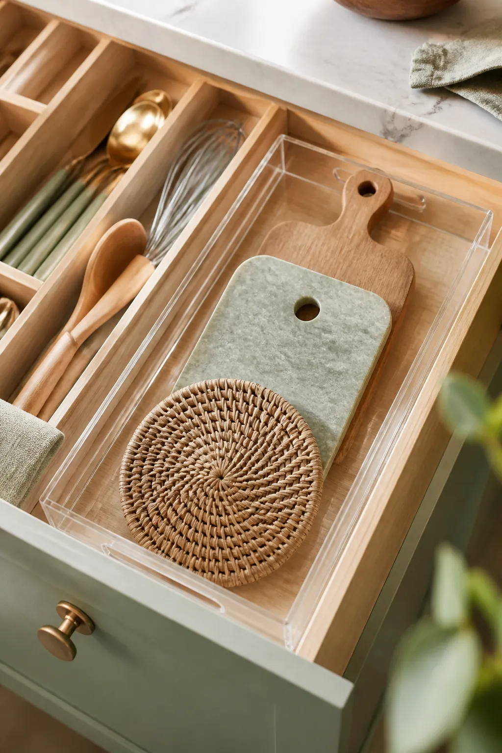 A clear acrylic tray in a shallow kitchen drawer holds two small cutting boards and a trivet lying flat.