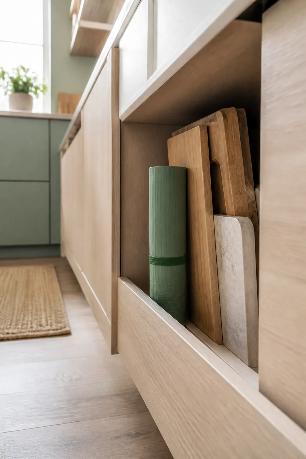 A flexible plastic cutting mat rolled into a tube and banded, resting in a drawer slot beside upright rigid boards.