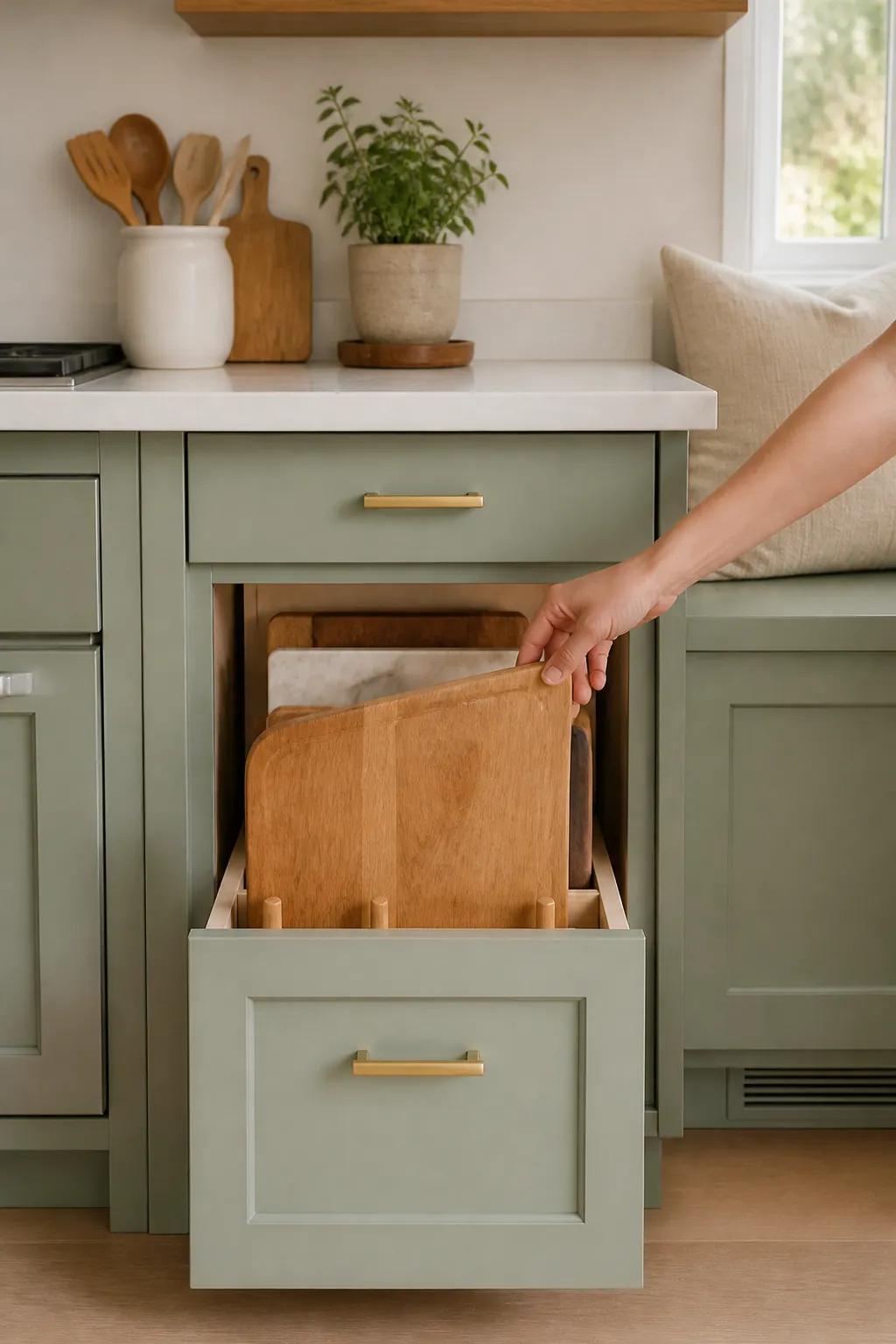 A hand pulls a wood cutting board from the front slot of a divided kitchen drawer, closest to the opening.