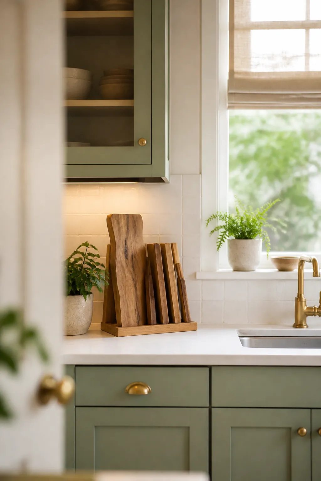 A visibly warped, curved wood cutting board stands alone in a wider divider slot, apart from flatter boards nearby.