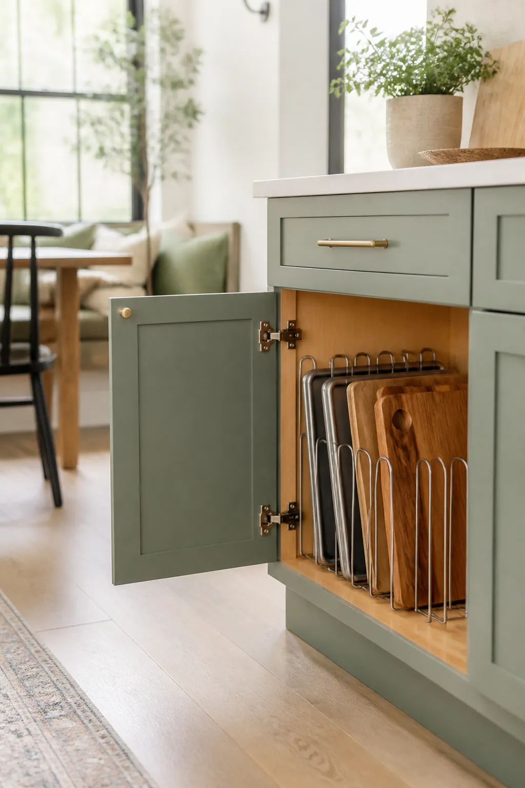 An oversized wood cutting board stands upright in a wire-divided kitchen cabinet slot alongside standing baking sheets.