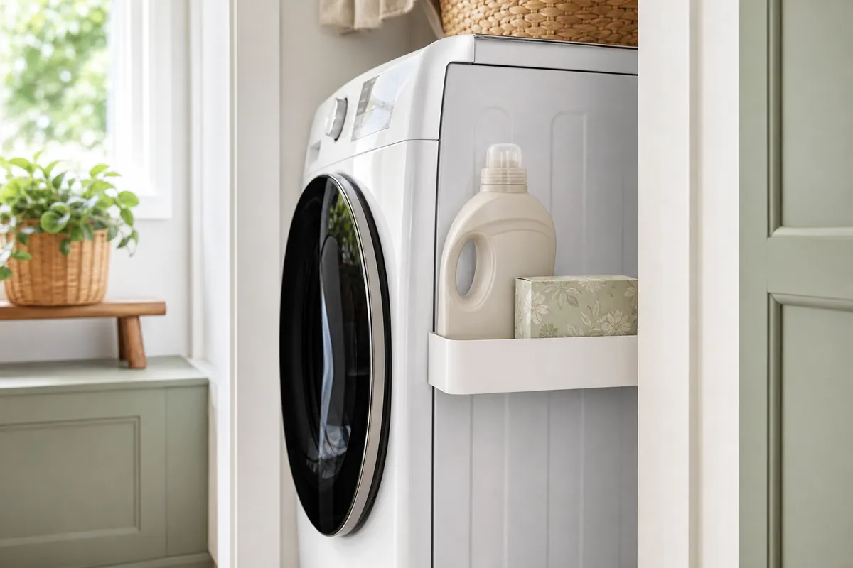 A magnetic shelf attached to the side panel of a front-loading washing machine holding a detergent bottle and dryer sheets inside a narrow laundry closet