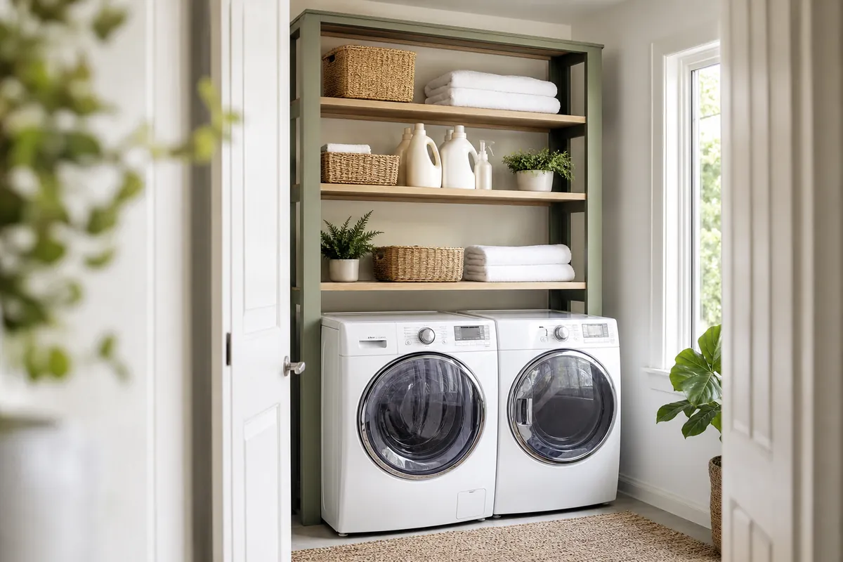 A freestanding shelf unit standing over a washer and dryer in a laundry closet with detergent, softener and folded towels on its shelves