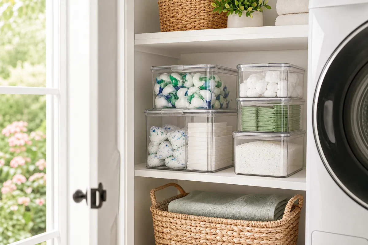Clear stackable storage bins with lids on a laundry shelf holding detergent pods, dryer sheets and stain removers