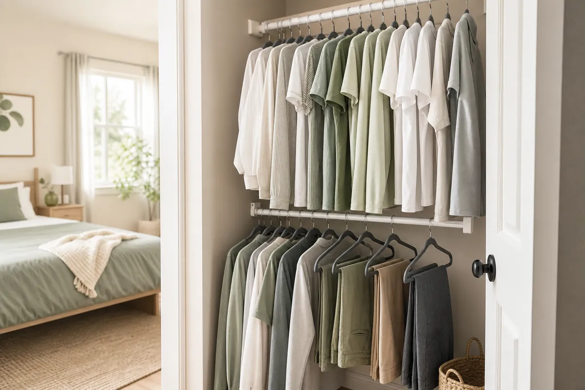 Rental closet with an adjustable rod doubler creating two tiers of hanging shirts, a no-tool DIY closet organization fix