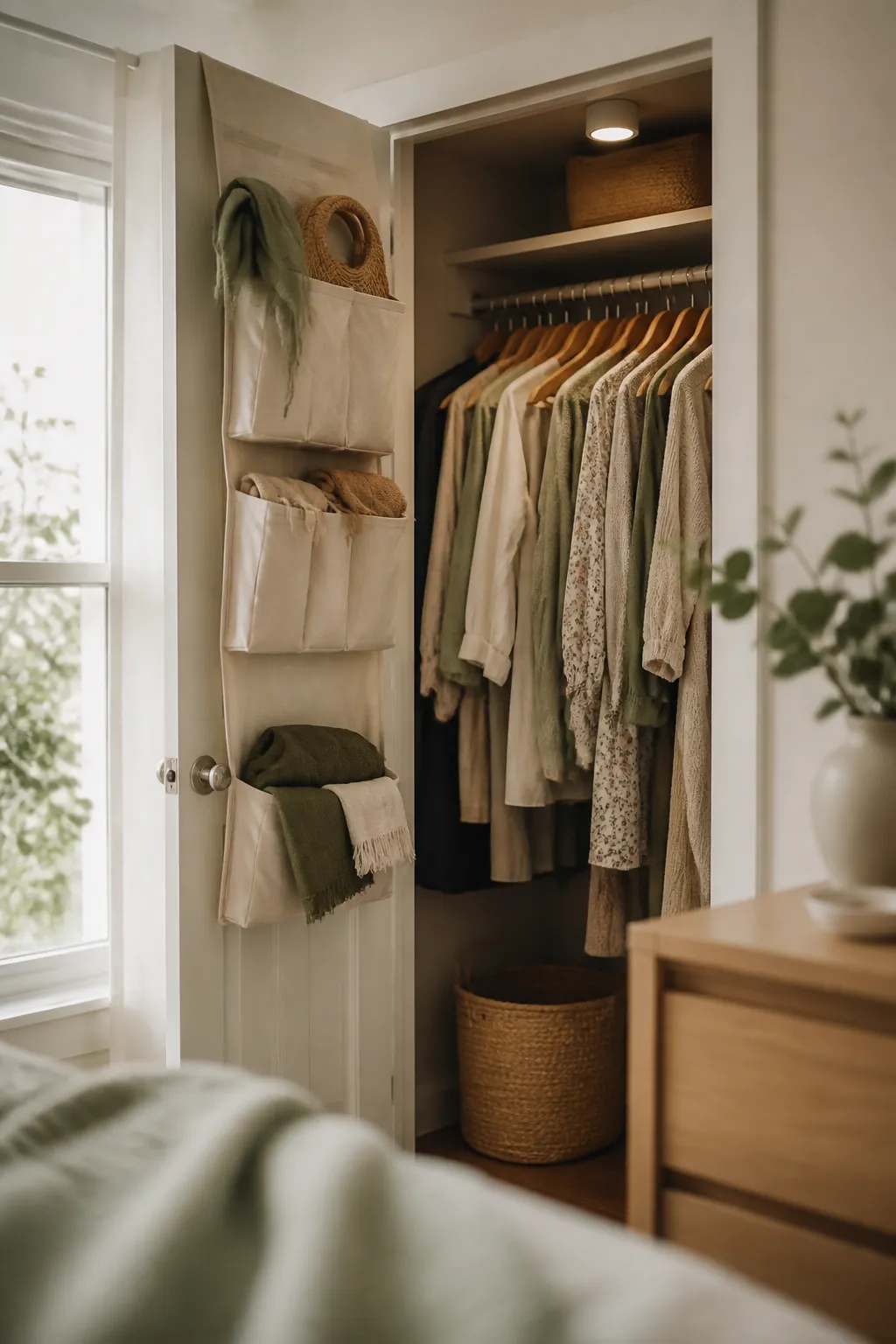 A slim puck light inside a closet with a hanging organizer on the back of the door