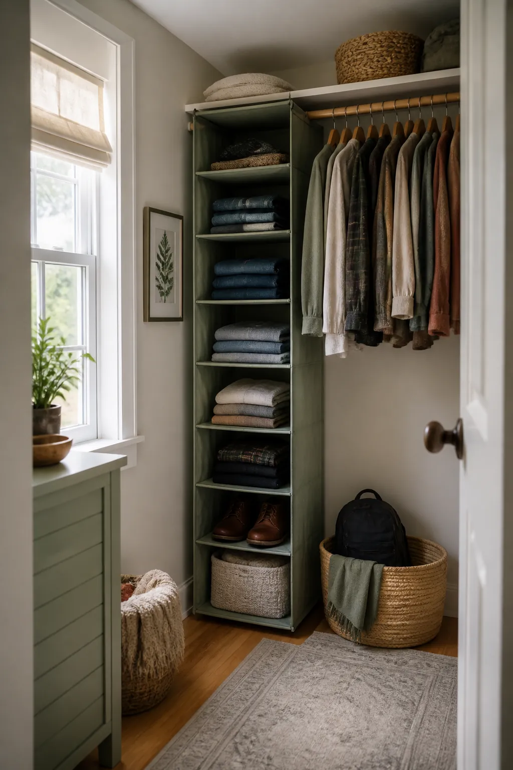 A fabric shelf tower with everyday clothes at chest height and rare items top and bottom