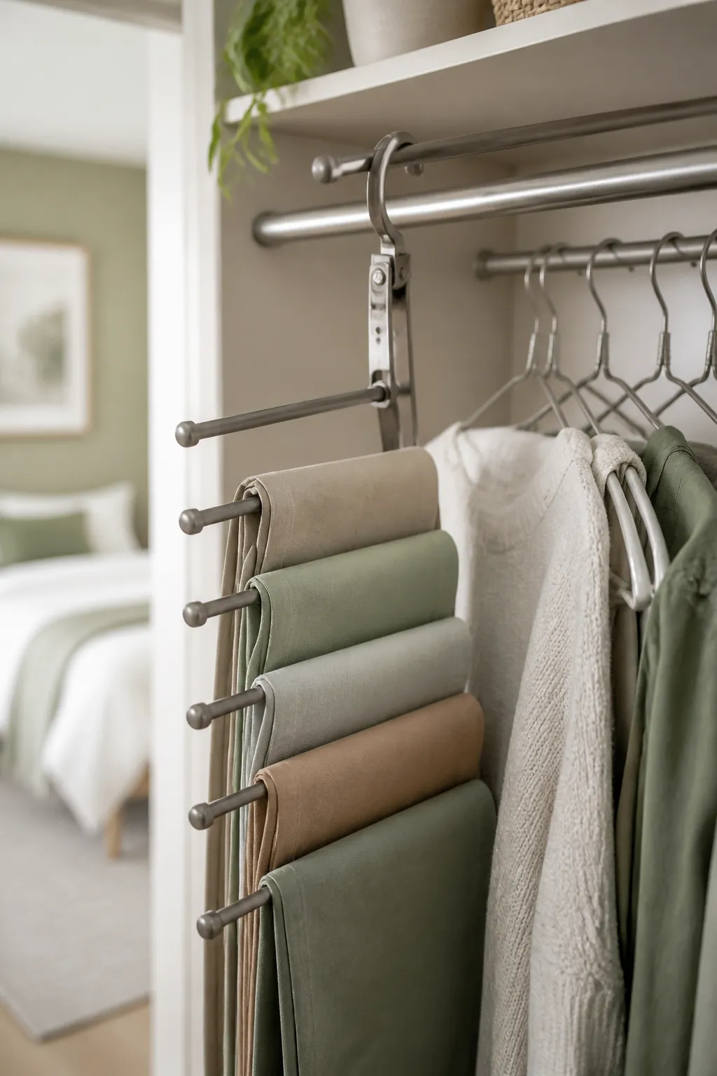 A tiered metal hanger with five arms holding creased pants beside a rod of slim hangers