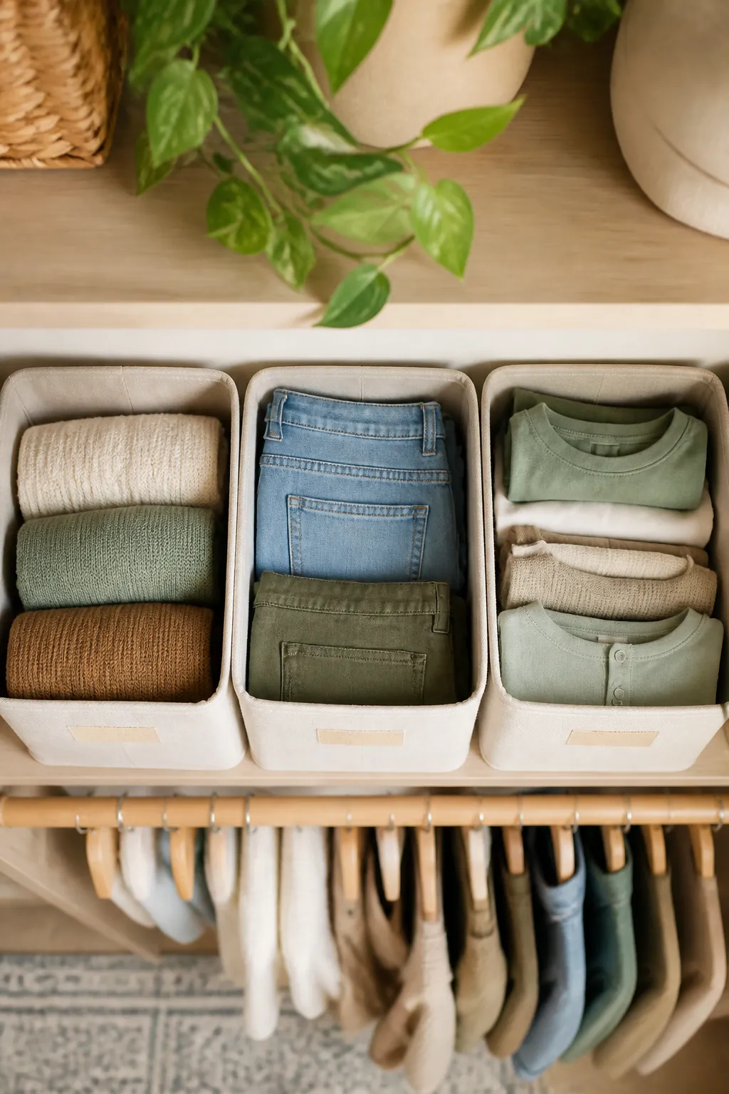 Three fabric bins on a closet shelf, each labeled with tape along its front edge