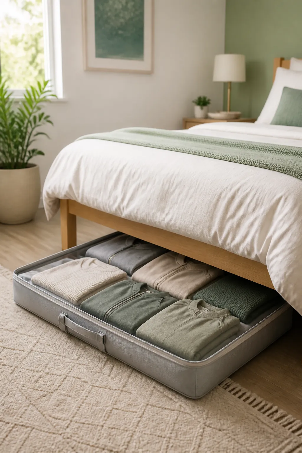 A flat zippered case of folded off-season clothes sliding into the space under a bed