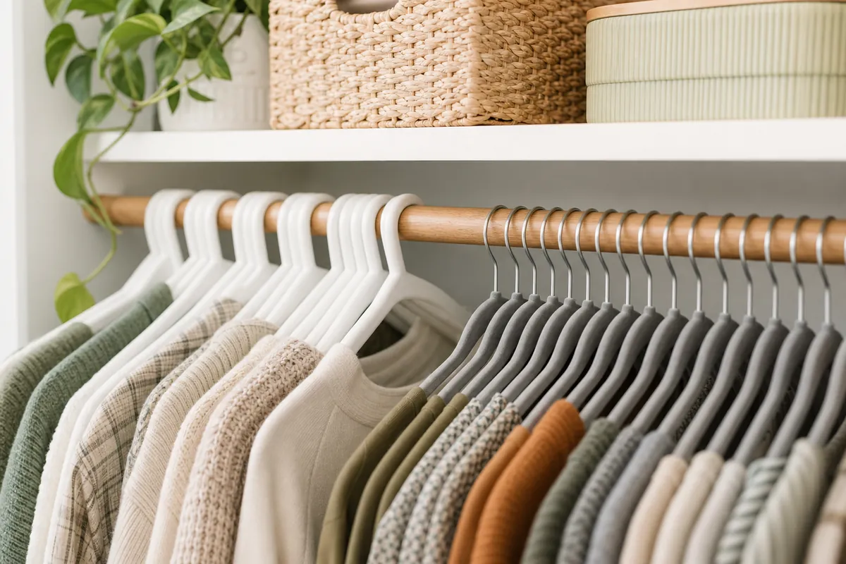 Bulky plastic hangers beside slim velvet hangers on a closet rod showing the space saved in DIY closet organization