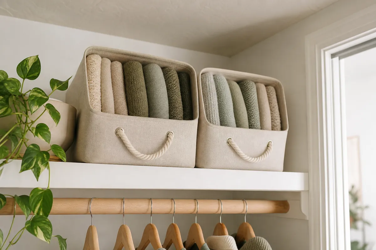 Fabric storage bins with handles on a high closet shelf holding folded knits filed on edge for easy DIY closet organization
