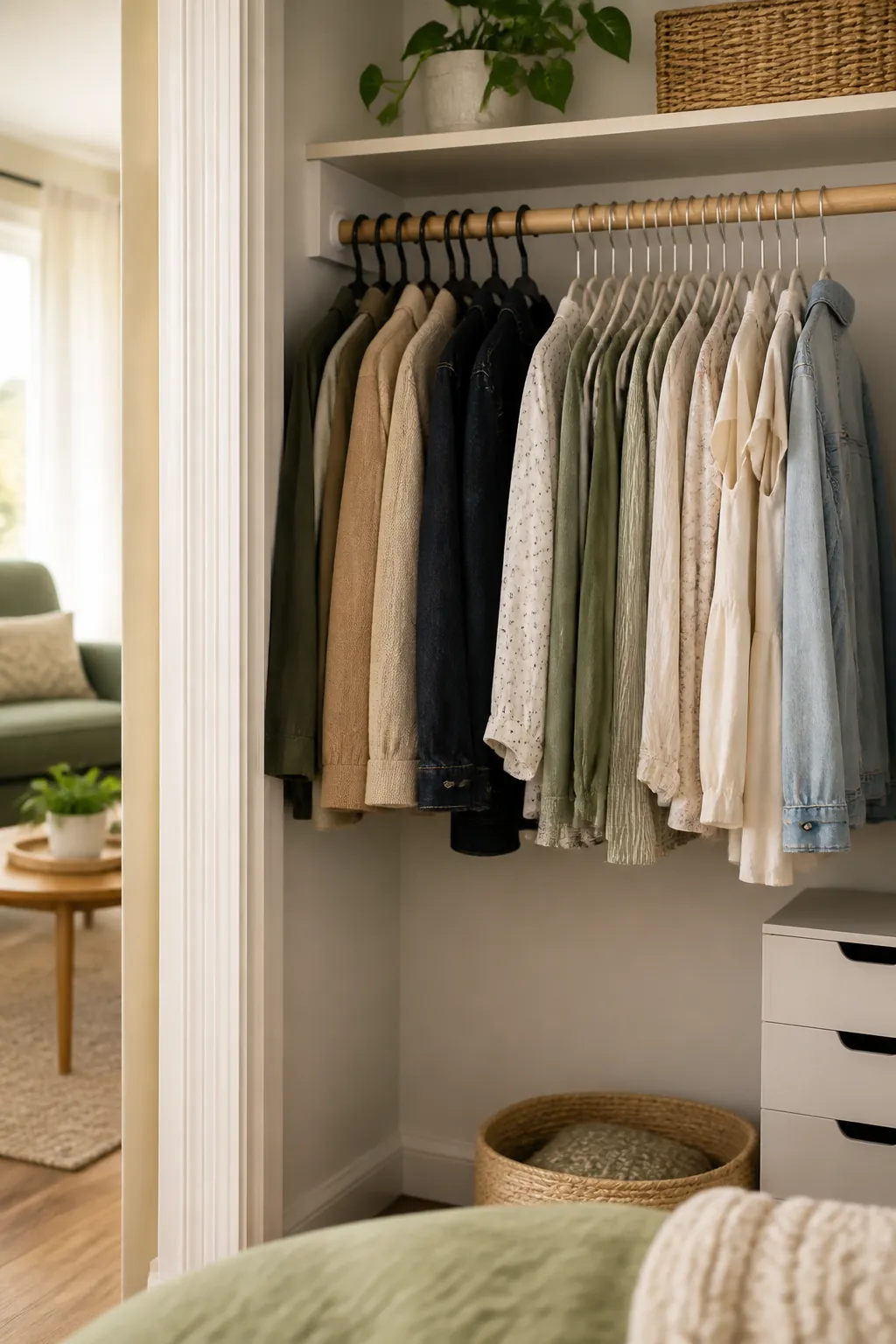 Bulky plastic hangers beside slim velvet hangers on a rod showing the space saved