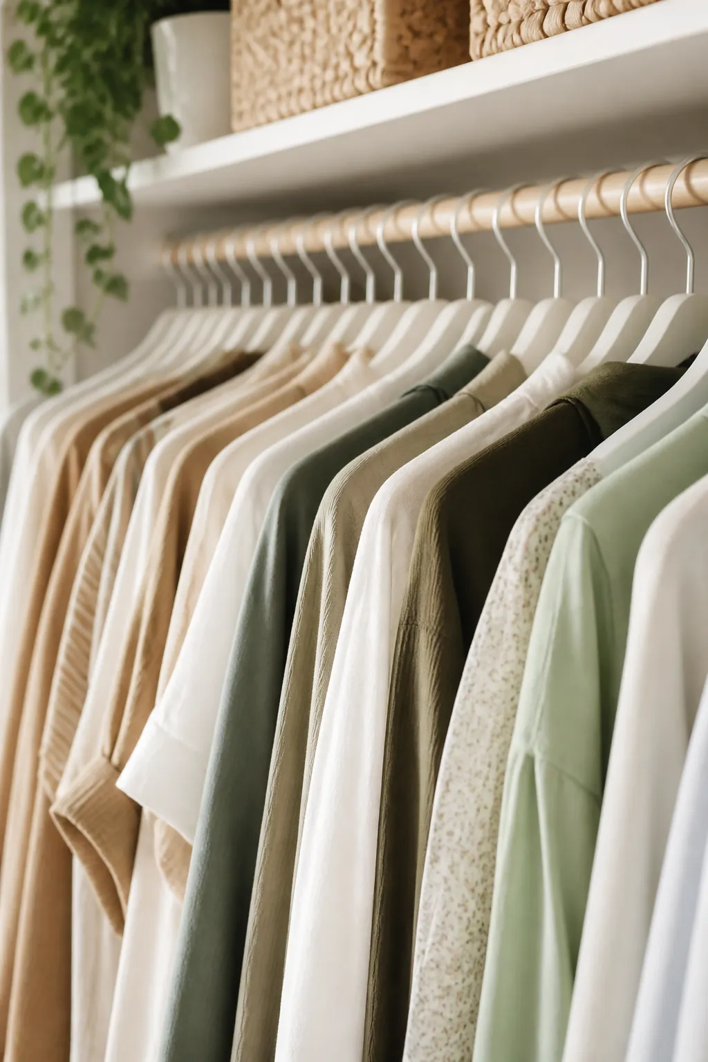 A closet rod where every hanger hook faces the same direction with garments aligned