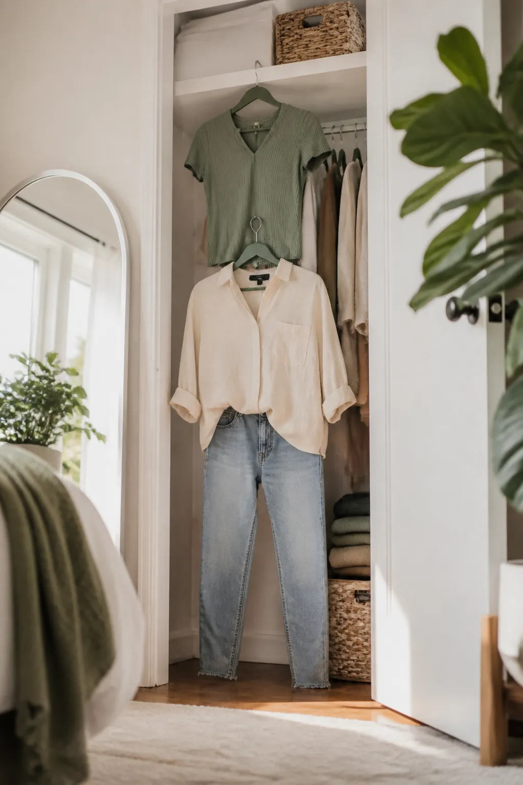Two velvet hangers linked vertically through a neck notch with an outfit on each