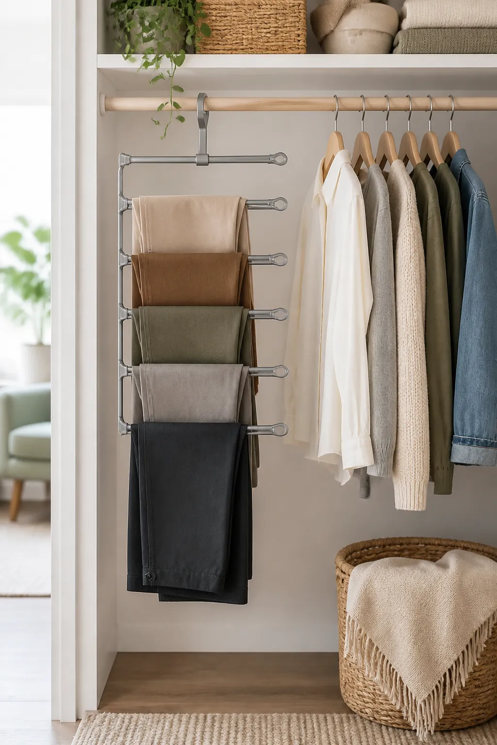 A tiered metal hanger with five swinging arms holding creased pants beside single hangers