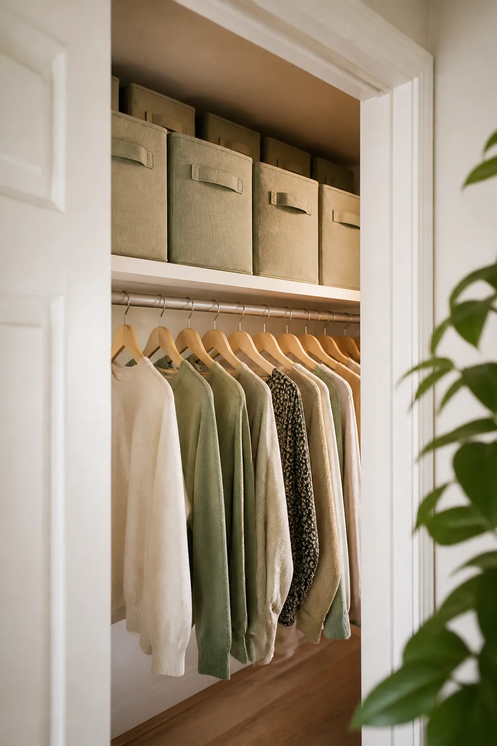 Fabric bins with handles filling a deep high closet shelf from front to back