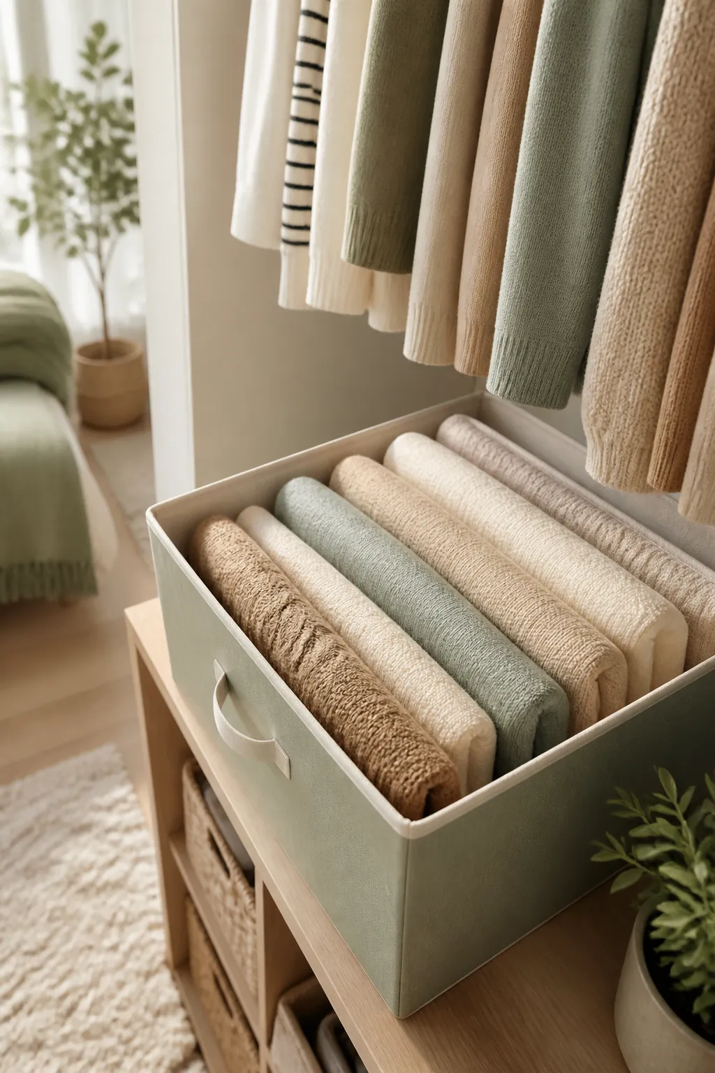 An open fabric bin with folded knits standing on edge like files rather than stacked flat