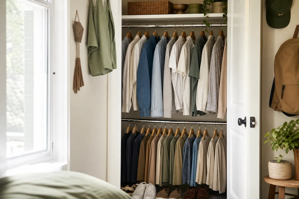 A dorm closet with a second adjustable rod hung beneath the original, doubling the hanging space without drilling