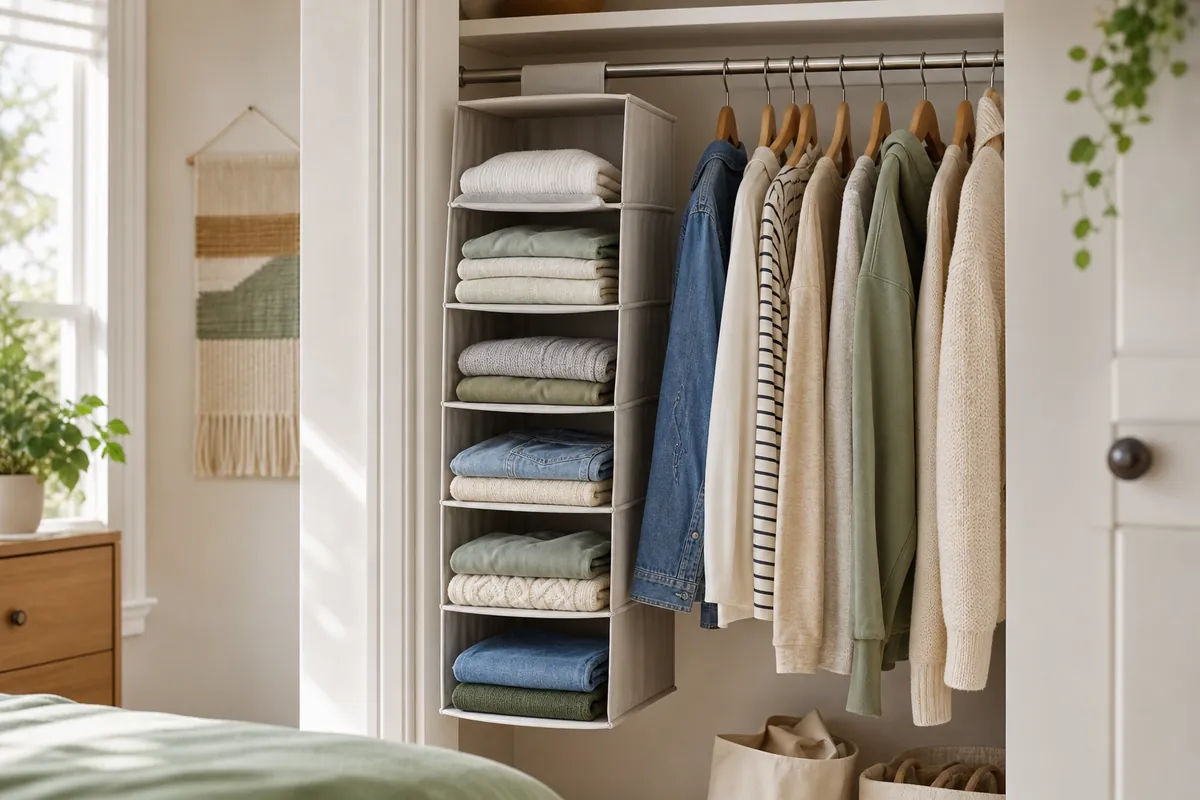 A six shelf fabric hanging organizer on a dorm closet rod holding folded clothes in the column under the hanging garments