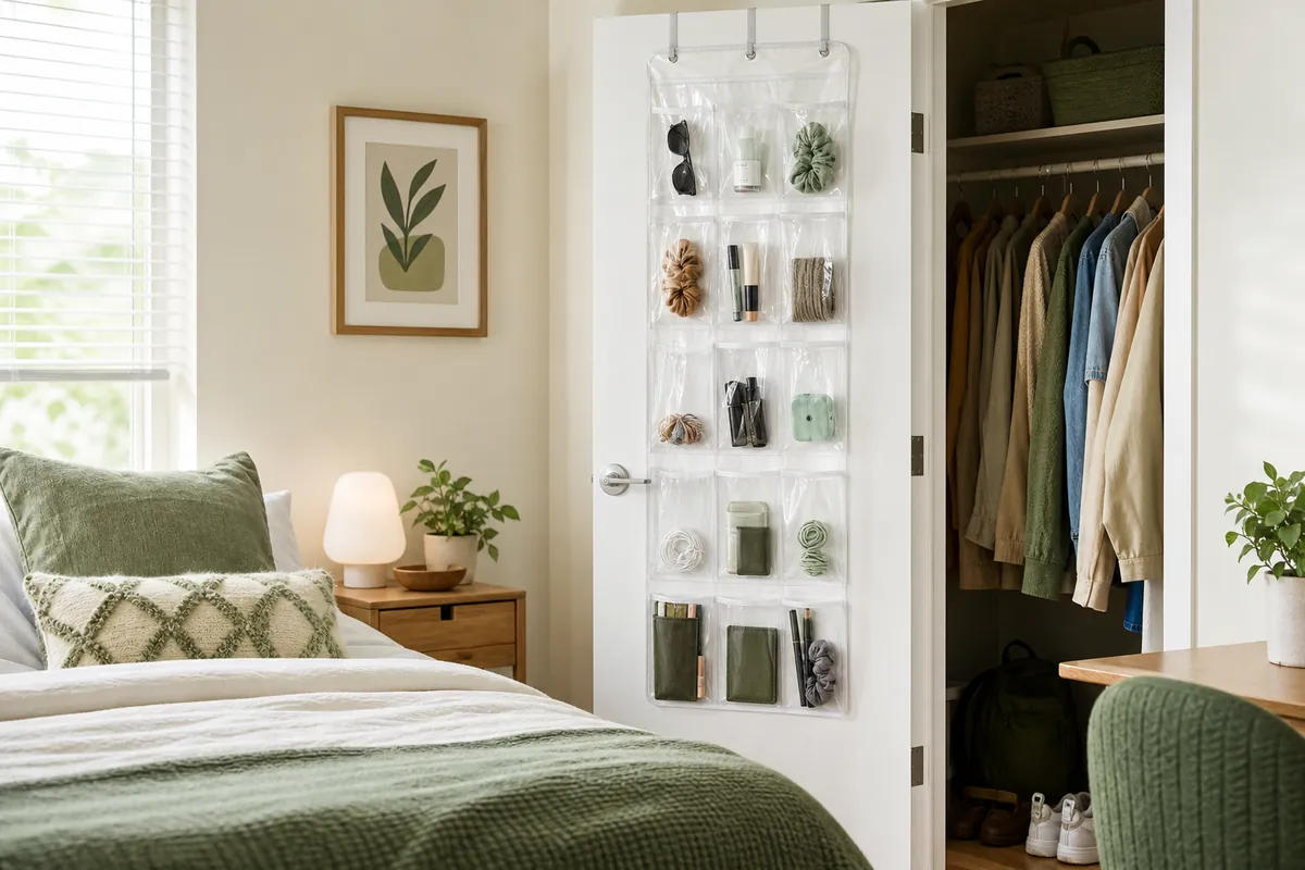 A clear pocket organizer on the back of a dorm door holding small items visible in every pocket