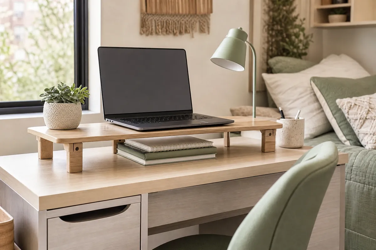 Wooden desktop riser shelf on a small dorm desk with a raised laptop and notebooks underneath, a core dorm desk organization move