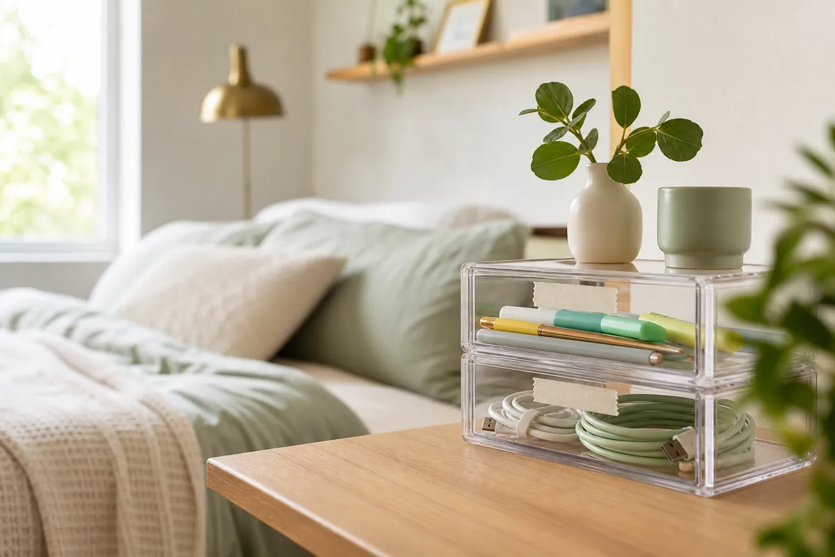 Clear stackable drawers holding pens and cables on a dorm desk corner, a simple dorm desk organization fix for small supplies