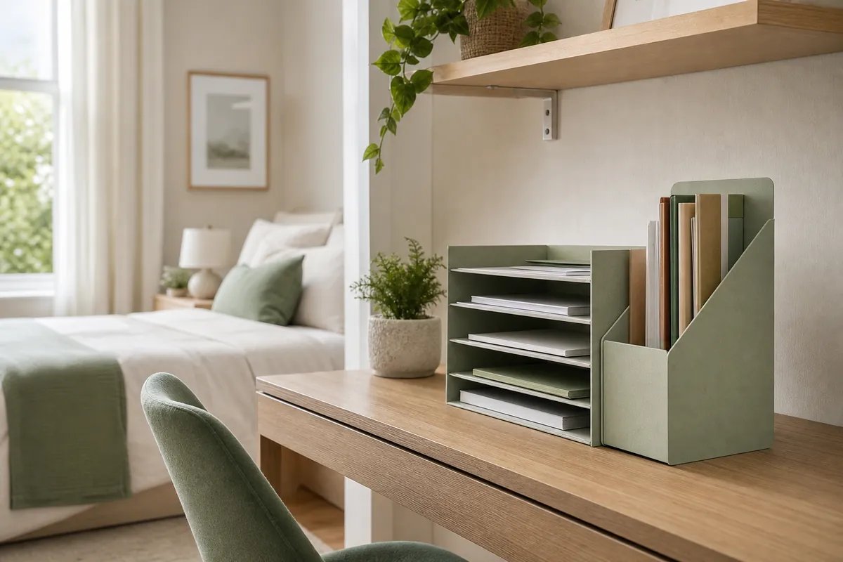 Four tier desk organizer with file holder on a compact desk keeping papers and folders sorted for better dorm desk organization