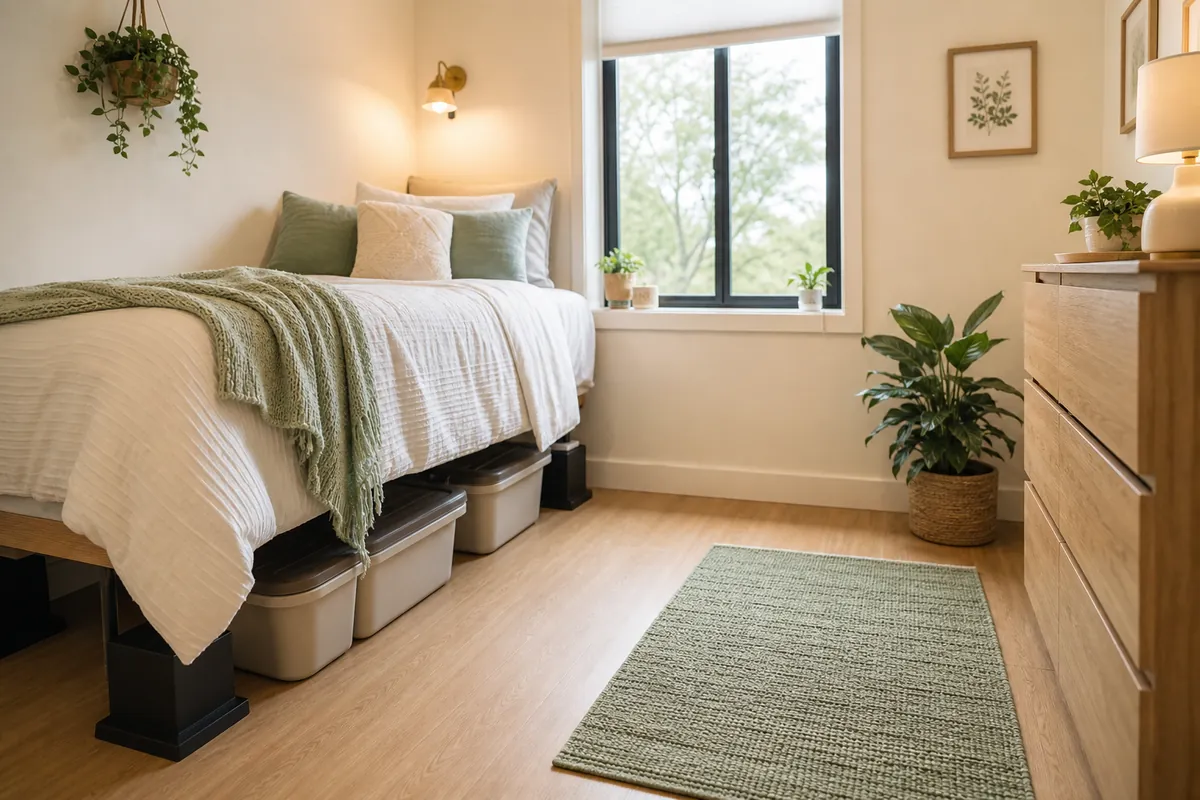 A dorm bed lifted on risers with lidded storage bins in the clearance underneath, keeping the tiny room floor clear