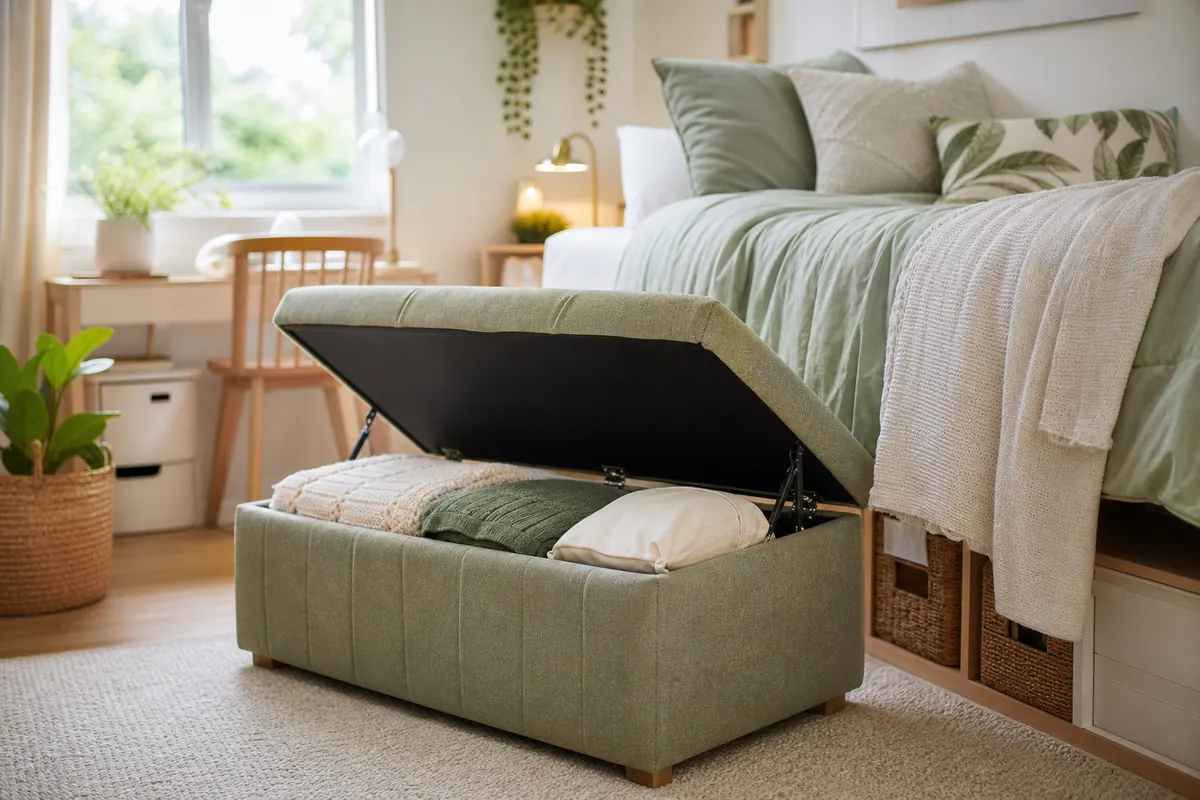 A storage ottoman at the foot of a dorm bed, open to show storage inside while serving as extra seating