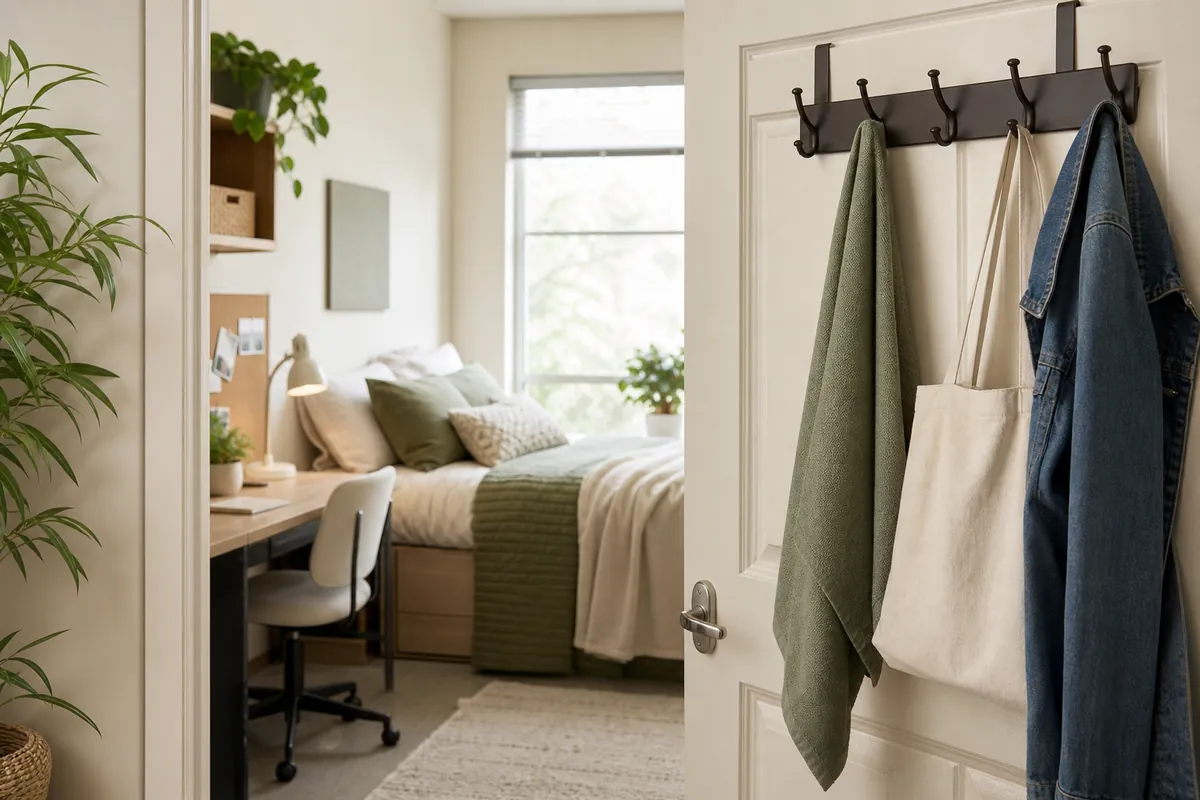 An over-the-door hook rack in a dorm room holding a towel, bag and coat off the floor