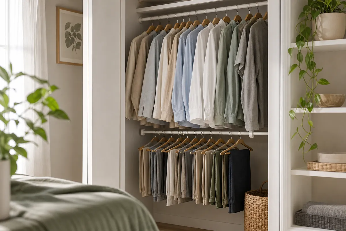 An adjustable rod doubler hung below a closet rod, creating two levels of hanging storage in the same width