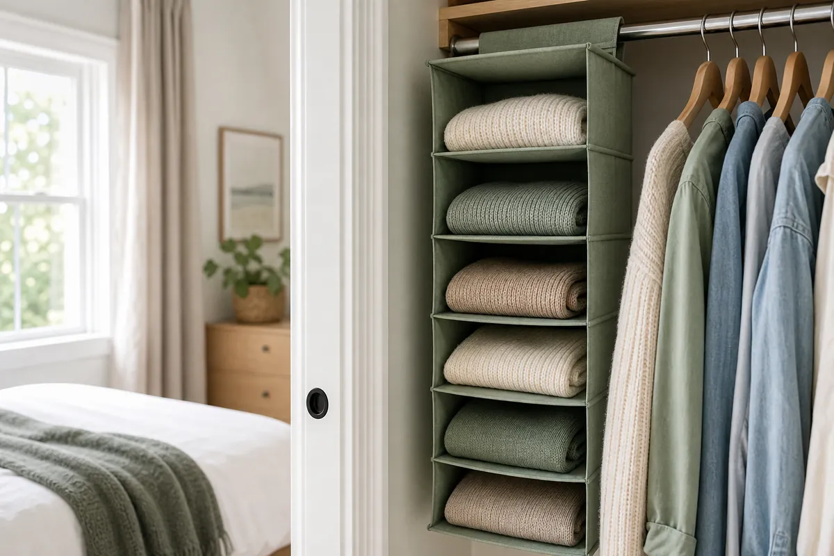 A hanging fabric shelf tower filling the gap under short garments at the end of a closet rod