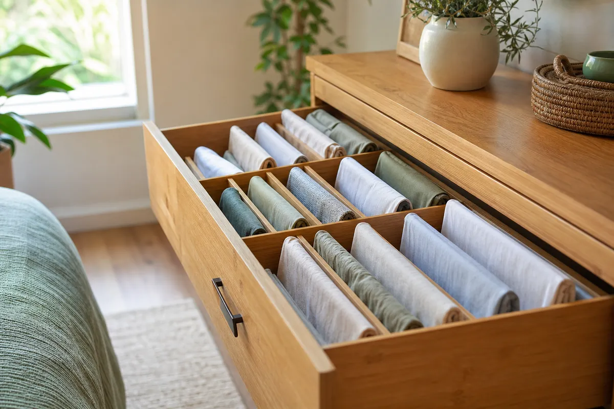 Bamboo adjustable dividers splitting a drawer into lanes with file-folded shirts standing upright in each one
