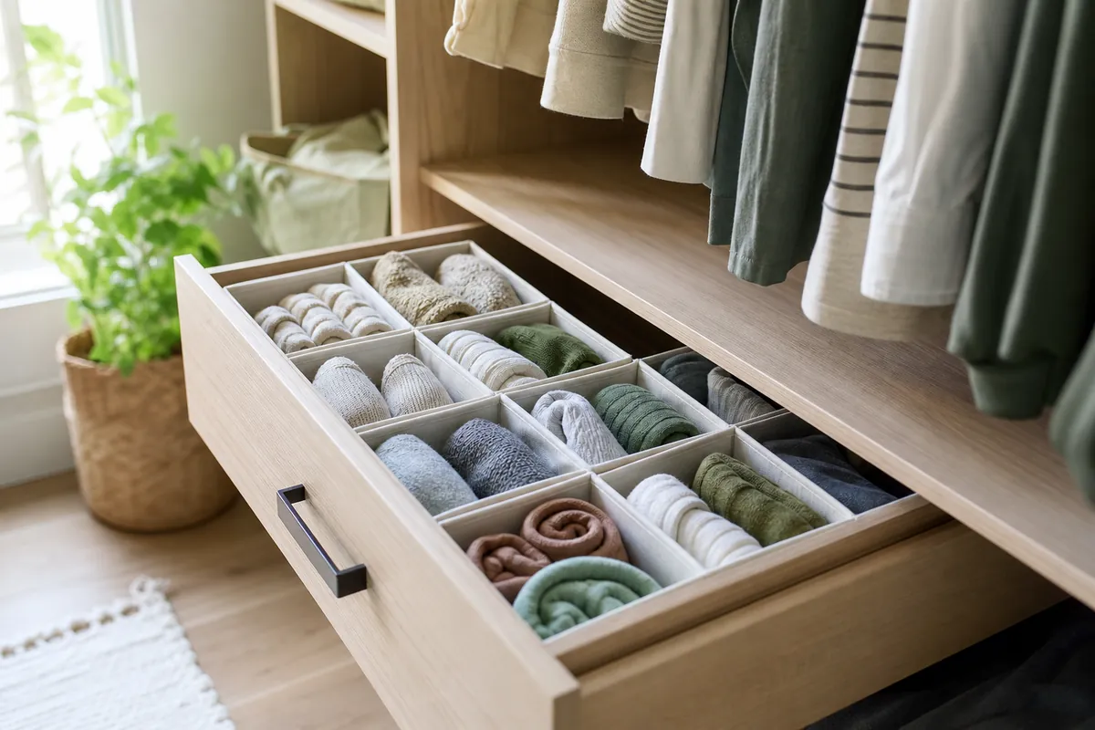 Fabric cube inserts in a drawer holding rolled socks and soft items that cannot stand upright by themselves