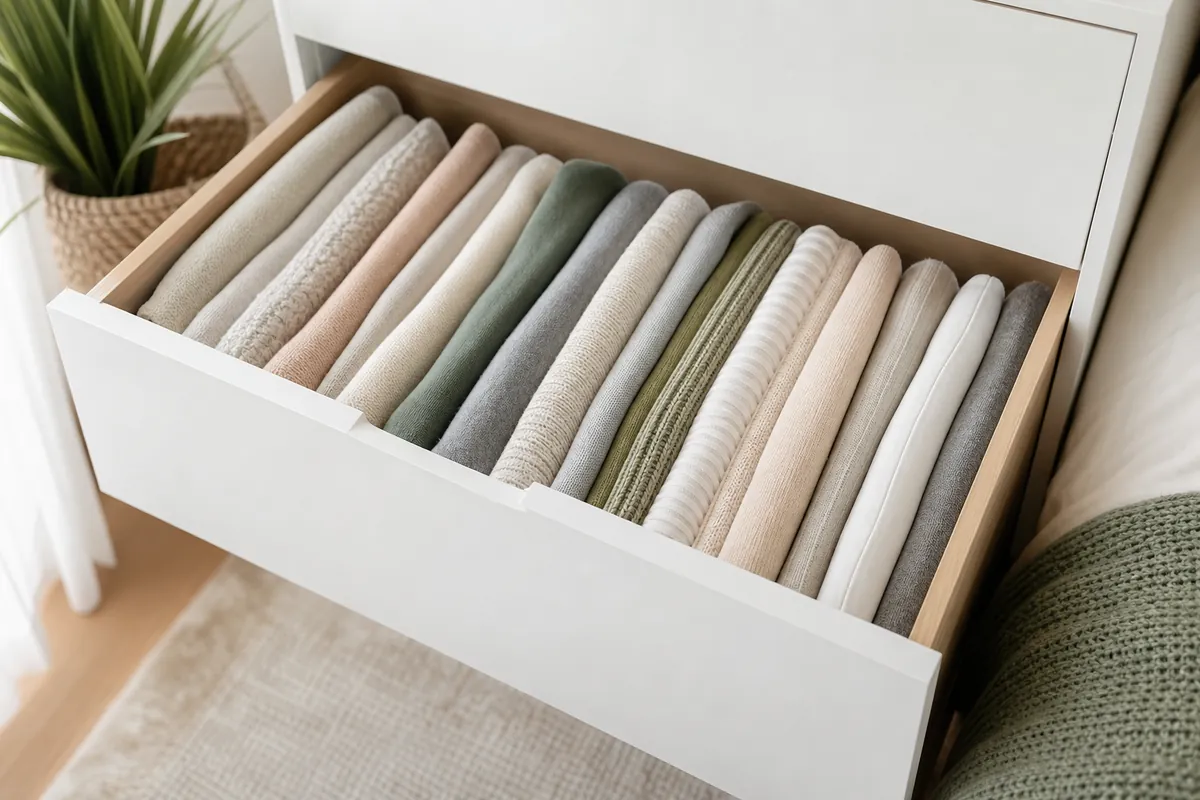 File-folded clothes standing on edge in a drawer so every item is visible from above rather than buried in a stack