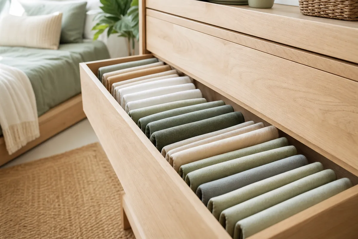 Clothes file folded upright in rows inside a dresser drawer, so every item is visible and pulling one out does not topple the stack