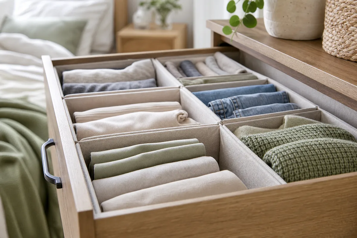 Fabric drawer organizer compartments holding socks and t-shirts upright in a dresser drawer without the rows collapsing