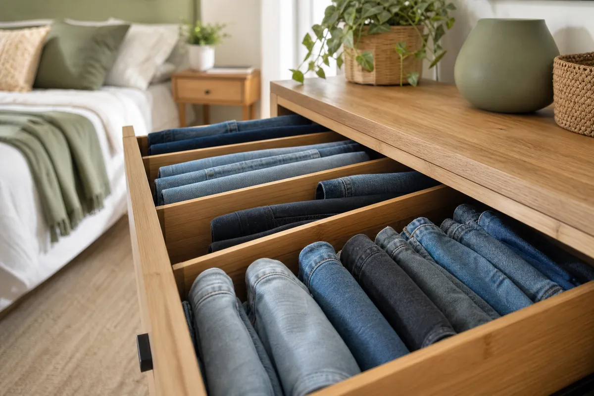 Bamboo dresser drawer dividers holding folded jeans upright in straight rows in a small bedroom dresser
